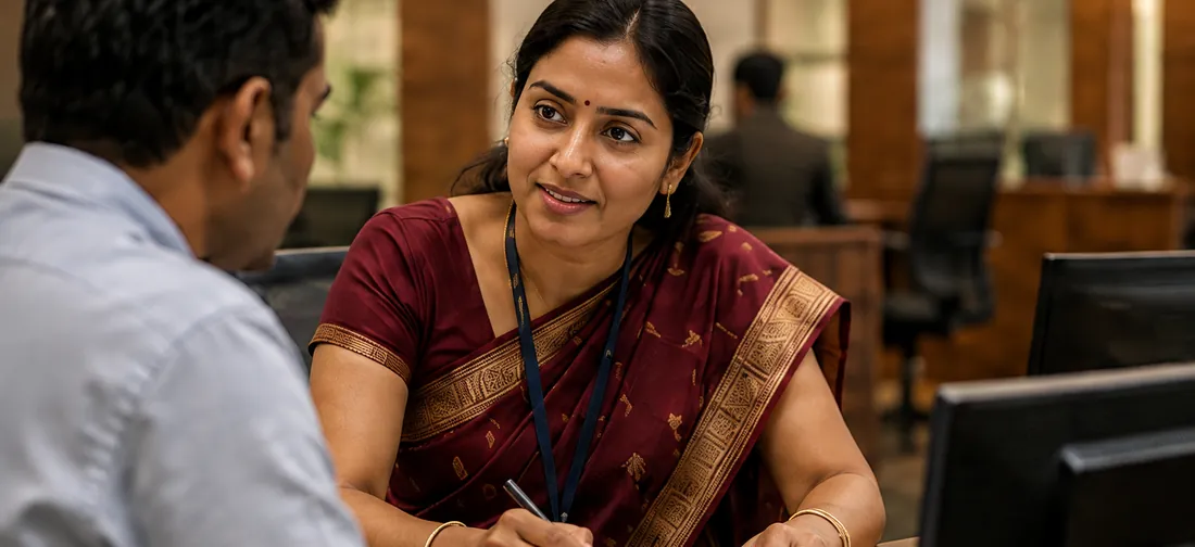 A bank employee talking with a customer across a desk in a branch office.