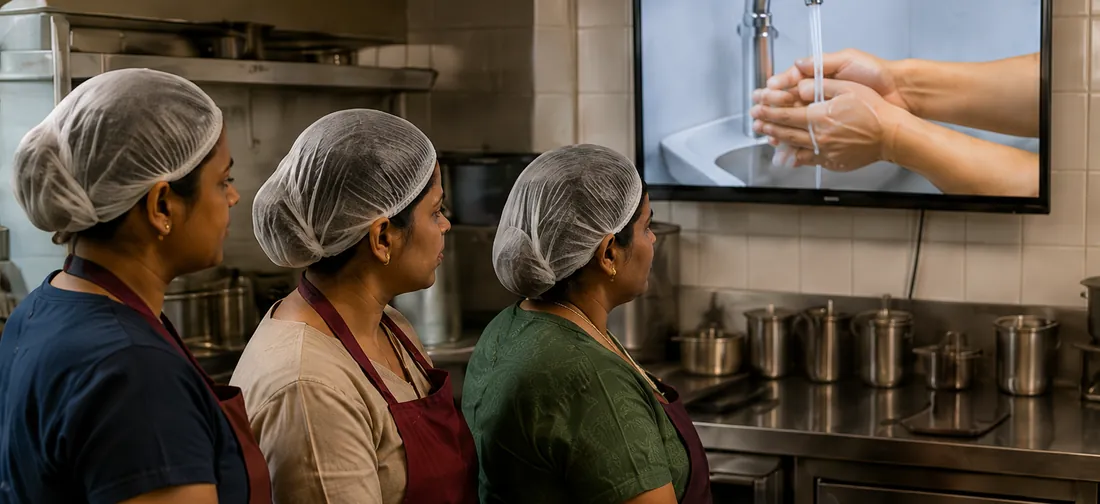 Three kitchen workers in hairnets watching a handwashing demonstration on a wall-mounted television.