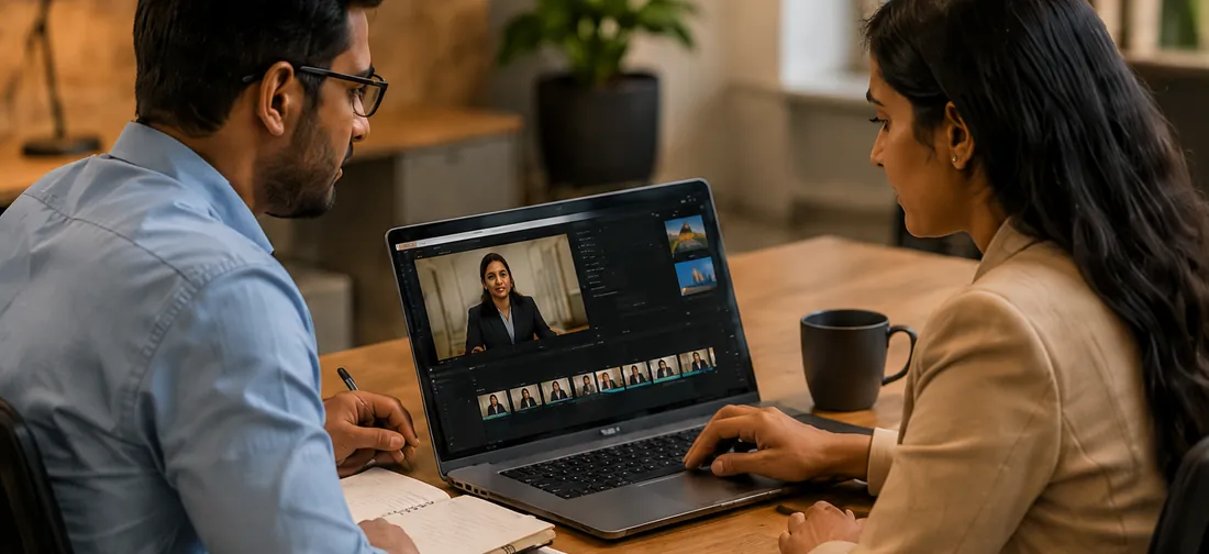 Two colleagues at a desk reviewing a training video on a laptop.