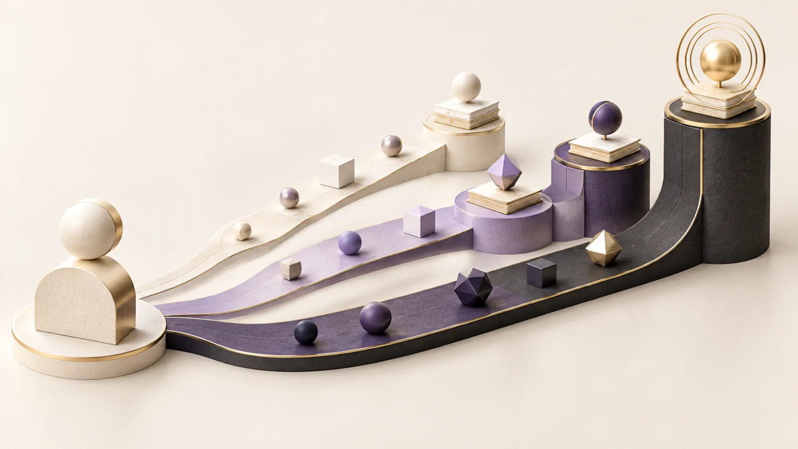 An abstract sculpture of four rising pathways in cream and purple, each ending on a raised plinth, the last crowned with a gold sphere.