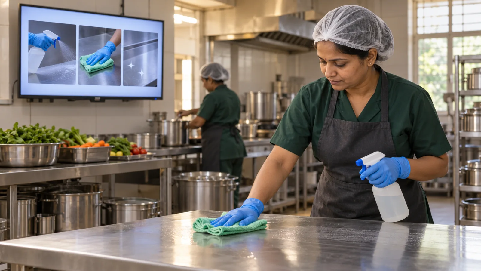 A kitchen worker in gloves wiping a stainless-steel preparation surface, with the same cleaning sequence playing on a television behind her.