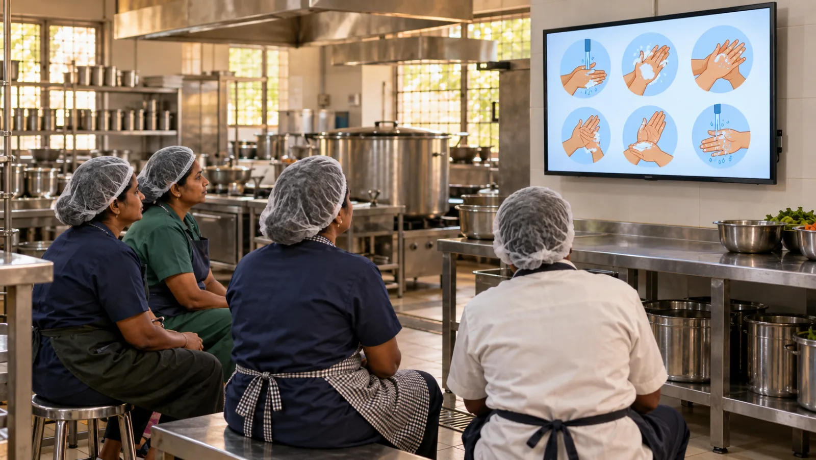 Four kitchen workers in hairnets and aprons sitting together, watching a handwashing sequence on a wall-mounted television.