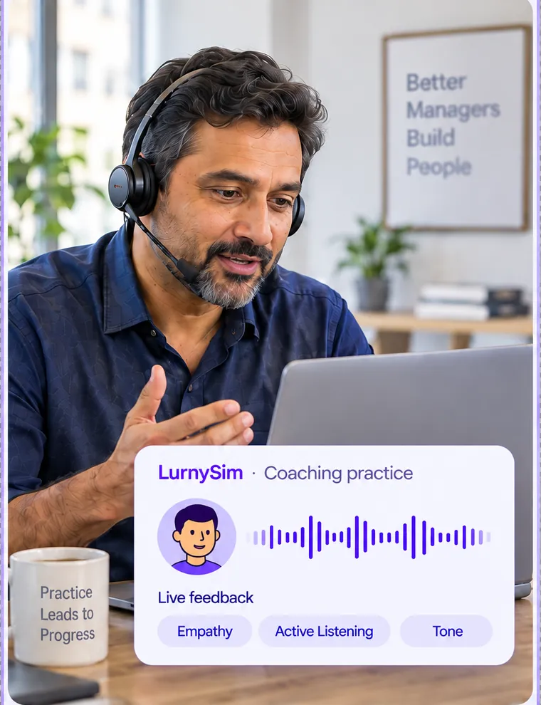 A manager wearing a headset practising a conversation at a laptop.