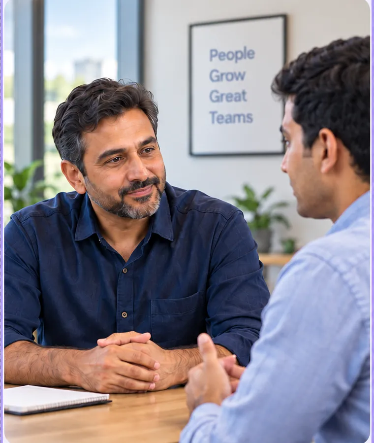 Two colleagues talking across a desk in an office.