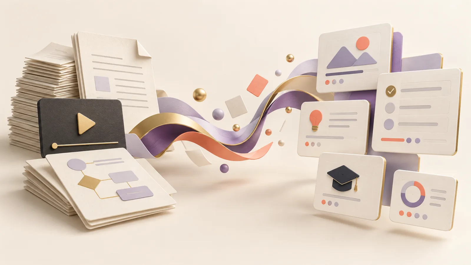 A stack of documents and a video thumbnail on the left, connected by a ribbon to a spread of small lesson and quiz cards on the right.