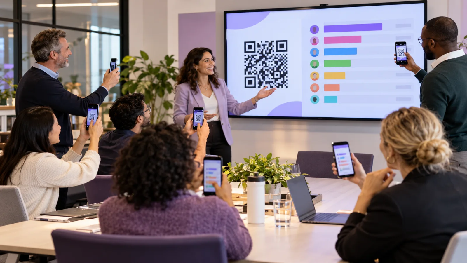 Colleagues in a meeting room holding up phones to scan a QR code on a screen, a live results chart beside it.