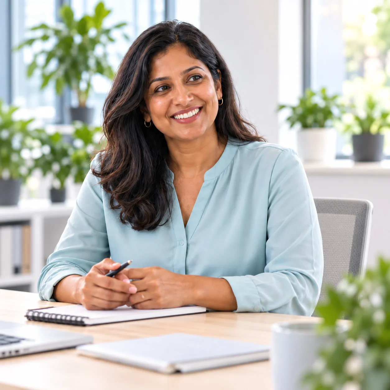 A woman working at an office desk, smiling, with a notebook and pen in front of her.